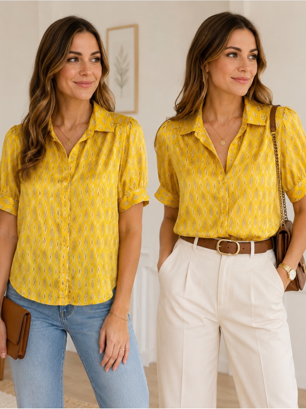Lumiere Yellow Fitted Blouse with Notched Collar